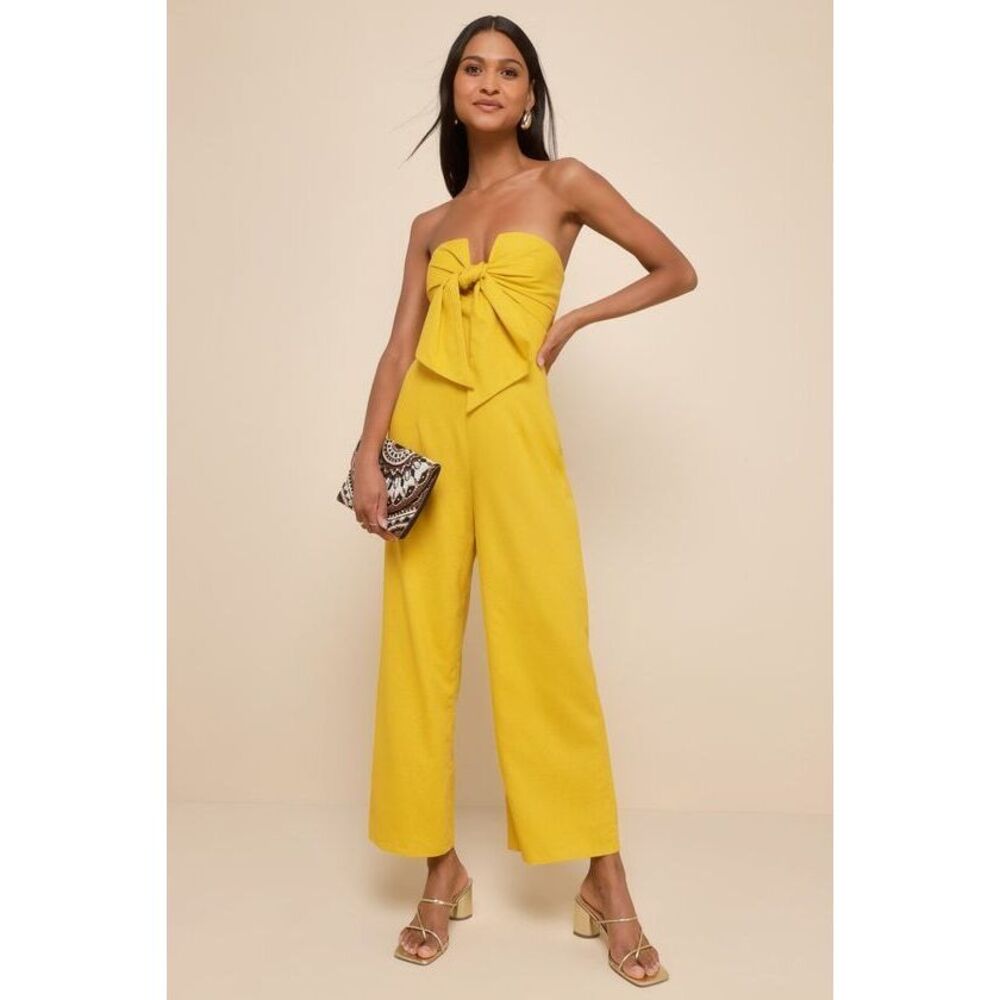 Lulus Sunshine Aura Mustard Yellow Tie-front Strapless Jumpsuit - Size S